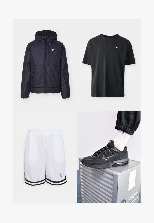 Schwarze, gepolsterte Nike-Jacke mit Frontreißverschluss und Kapuze. Hat ein weißes Logo auf der linken Brust und zwei Fronttaschen. Glattes äußeres Material.; Schwarzes Baumwoll-T-Shirt mit kurzen Ärmeln und Rundhalsausschnitt, das ein kleines rechteckiges Logo mit "NIKE AIR" in Weiß auf der linken Brust zeigt.; Weiße sportliche Shorts aus leichtem Stoff, mit einem schwarzen gestreiften Saum und einem signierten Logo auf der linken untersten Vorderseite.; Nike Sportswear PULSE - Sneaker low - black/anthracite