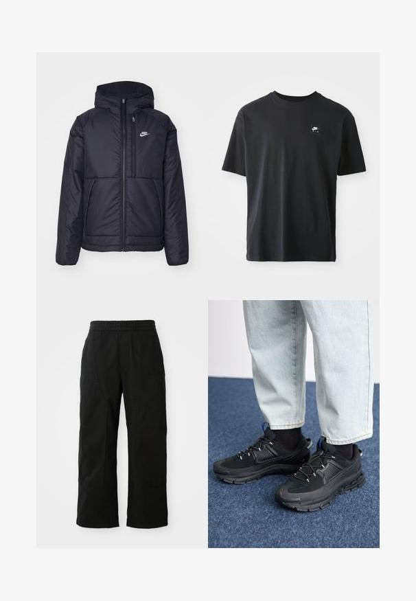 Svart, polstret Nike-jakke med frontglidelås og hette. Har en hvit logo på venstre bryst og doble frontlommer. Glatt ytterside.; Svart bomull T-skjorte med korte ermer og rund hals, med et lite rektangulært logo med "NIKE AIR" i hvitt på venstre bryst.; Svart bomullsbukser med elastisk midjebånd, bred ben-design og store sidelommer. Stoffet ser mykt ut med en jevn tekstur.; Svarte sportssko med teksturert stoff og gummisåler, med elastiske lisser og en blå detalj på hælen. Brukt med lyse denimbukser.