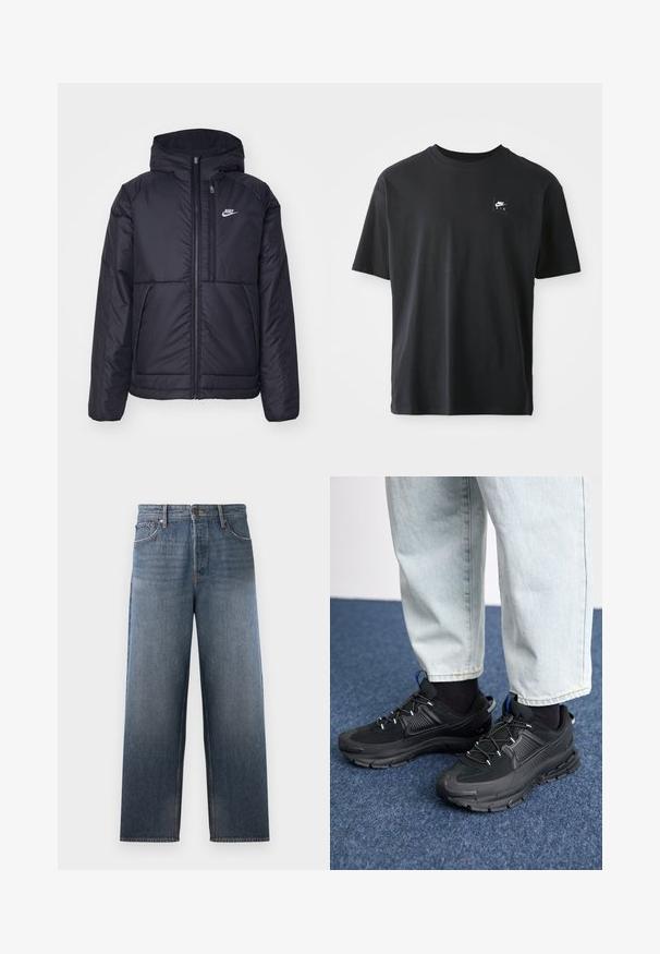 Svart, vadderad Nike-jacka med dragkedja framtill och huva. Har en vit logotyp på vänster bröst och dubbla framfickor. Slät yttextur.; Svart bomullströja med korta ärmar, rundad halsringning, med en liten rektangulär logotyp med "NIKE AIR" i vitt på vänster bröst.; Jeans i denim i en medelblå nyans med rak benprofil, med fem fickor, knapp- och dragkedjestängning, samt subtila urtvättade effekter.; Svarta sportskor med texturerat tyg och gummisulor, med elastiska snörningar och en blå detalj på hälen. Bärs med ljusa jeans.