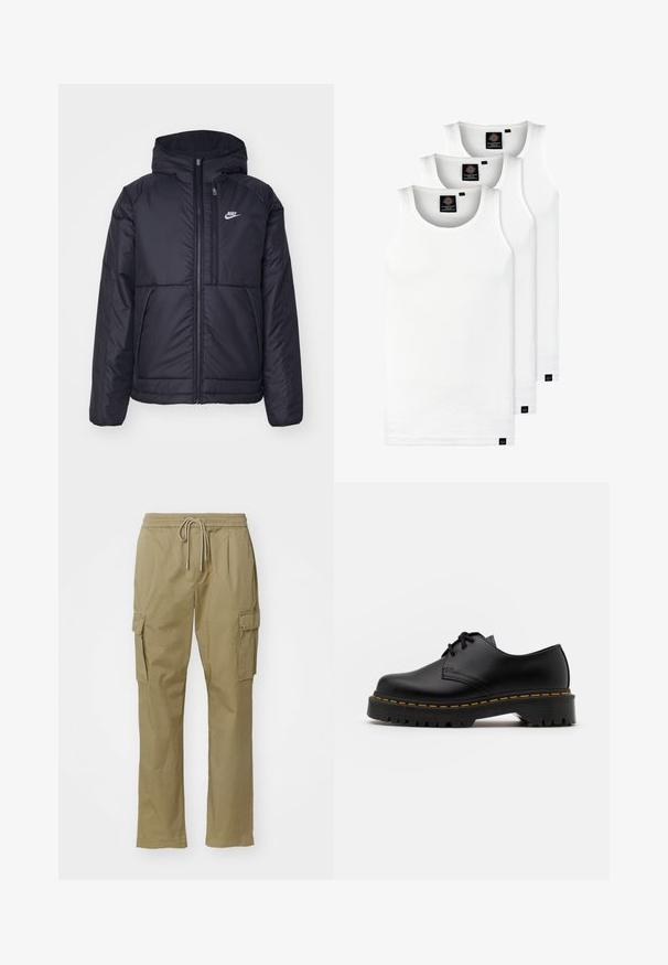 Sort, polstret Nike-jakke med frontlynlås og hætte. Har et hvidt logo på venstre bryst og to frontlommer. Glat ydre tekstur.; Tre hvide ribbede tanktops lavet af bomuld. Har en rund hals og små sorte mærker nær sømmen. Fås i flere størrelser.; Khaki cargo bukser lavet af blødt stof, med elastisk talje og snor, to sidelommer og lige ben-design.; Sort læder snøresko med en rund tå, tekstureret gummisål og gule stikninger omkring bunden. Flad design og glat finish.