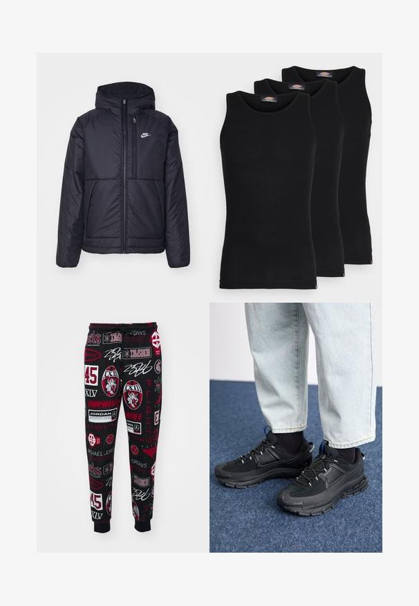 Juodas, paminkštintas Nike džemperis su priekyje užtrauktuku ir gobtuvu. Pasižymi balta logo kairėje krūtinės pusėje ir dviem priekinėmis kišenėmis. Su lygiu išoriniu paviršiumi.; Juodi maikutai trijų pakuotėje. Raštuota tekstūra, standartinė apvalia iškirpte, be rankovių. Apačia papuošta mažuoju prekės ženklu.; Juodos sportinės kelnės su raudonais ir baltais grafikos spaudiniais, įskaitant logotipus ir skaičius, su elastiniais uždoriais ir raišteliu juosmenyje.; Juodi sportiniai bateliai su tekstūruota medžiaga ir guminiais padais, su elastingomis raišteliais ir mėlynu akcentu ant kulno. Dėvimi su šviesiai mėlynomis džinsinėmis kelnėmis.