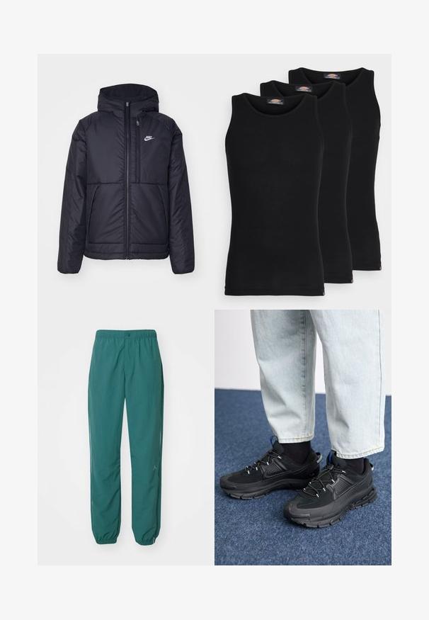 Black, padded Nike jacket with a front zipper and hood. Features a white logo on the left chest and dual front pockets. Smooth exterior texture.; Black tank tops in a pack of three. Ribbed texture, standard crew neckline, no sleeves. Hem features small brand logo at the bottom.; Teal athletic pants with an elastic waistband, drawstring closure, and gathered cuffs. Features a subtle logo near the hem. Lightweight fabric.; Black athletic shoes with textured fabric and rubber soles, featuring elastic laces and a blue accent on the heel. Worn with light denim pants.