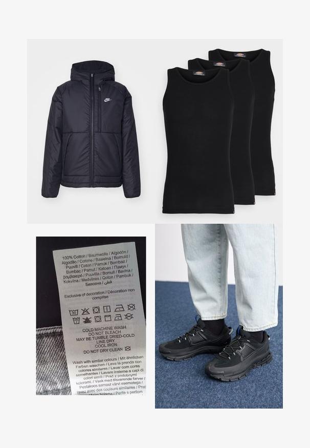 Black, padded Nike jacket with a front zipper and hood. Features a white logo on the left chest and dual front pockets. Smooth exterior texture.; Black tank tops in a pack of three. Ribbed texture, standard crew neckline, no sleeves. Hem features small brand logo at the bottom.; White care label with black text listing care instructions in multiple languages. Features symbols for washing, drying, and ironing. 100% cotton.; Black athletic shoes with textured fabric and rubber soles, featuring elastic laces and a blue accent on the heel. Worn with light denim pants.
