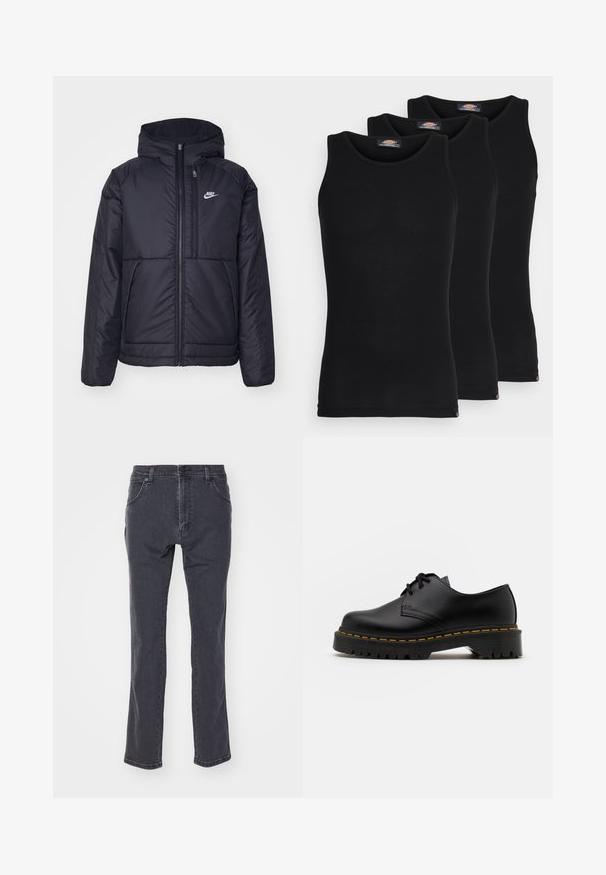 Chaqueta acolchada negra de Nike con cremallera frontal y capucha. Presenta un logo blanco en el lado izquierdo del pecho y dos bolsillos frontales. Textura exterior suave.; Camisetas sin mangas negras en un pack de tres. Textura acanalada, escote redondo estándar. El dobladillo presenta un pequeño logo de la marca en la parte inferior.; Vaqueros gris oscuro de denim, con un diseño de pierna recta, cinco bolsillos y un cierre de botón clásico en la cintura.; Zapato negro de cuero con cordones, punta redondeada, suela de goma texturizada y costuras amarillas alrededor de la base. Diseño plano y acabado suave.