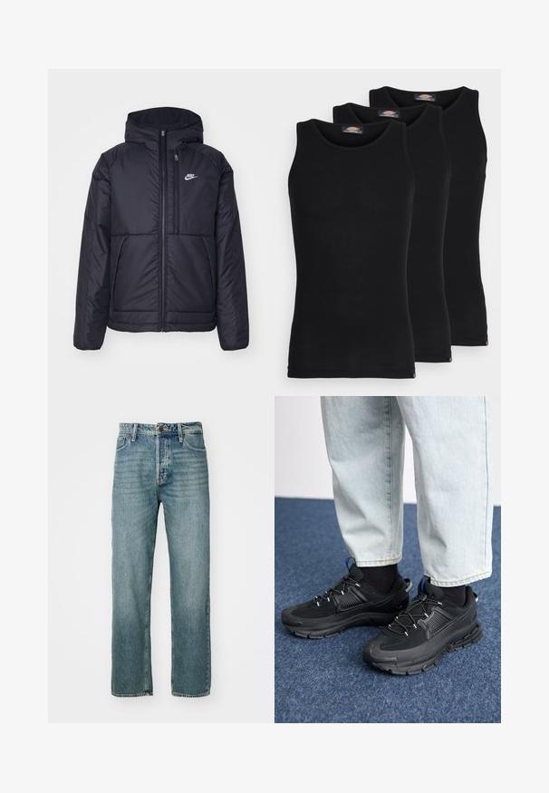 Musta, pehmustettu Nike-takki, jossa on etuvetoketju ja huppu. Vasemmassa rinnassa on valkoinen logo ja takissa on kaksinkertaiset etutaskut. Pintakoe on sileä.; Mustat hihattomat t-paidat kolmessa paketissa. Ribbed-kudontaa, tavallinen crew-kaarroke, ilman hihoja. Helmaosa sisältää pienen brändilogon alareunassa.; Vaaleansiniset farkut, joissa on suora leikkaus, viiden taskun malli ja näkyvät ompeleet. Varustettu metallinapeilla ja vetoketjulla.; Mustat urheilukengät, joissa on teksturoitu kangas ja kumipohjat, elastiset nauhat ja sininen yksityiskohta kannassa. Yhdistetty vaaleisiin farkkuihin.