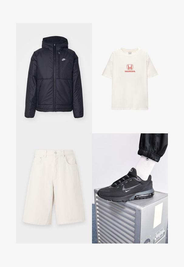 Giacca Nike nera, imbottita, con zip frontale e cappuccio. Presenta un logo bianco sul lato sinistro del petto e doppie tasche frontali. Texture esterna liscia.; T-shirt bianca in cotone con maniche corte. Presenta un logo "HONDA" rosso sopra un emblema rettangolare al centro. Design semplice e classico.; Pantaloni shorts in denim beige chiaro con una vestibilità ampia, dotati di due tasche anteriori, di una chiusura con cerniera e di un bottone in metallo.; Nike Sportswear PULSE - Sneakers basse - black/anthracite