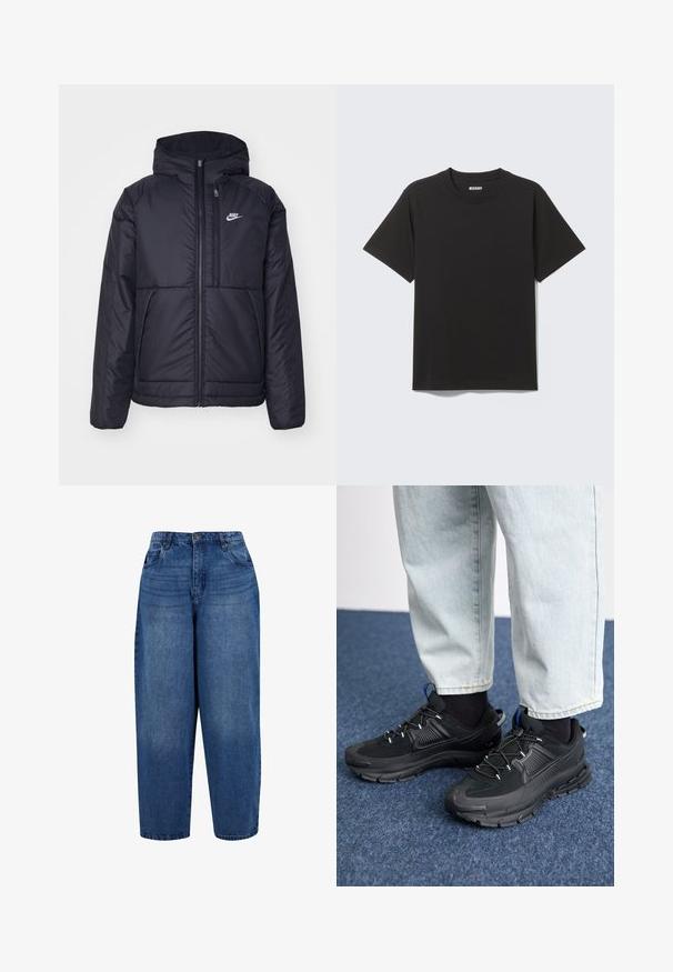 Chaqueta acolchada negra de Nike con cremallera frontal y capucha. Presenta un logo blanco en el lado izquierdo del pecho y dos bolsillos frontales. Textura exterior suave.; Camiseta negra de manga corta hecha de algodón suave, con cuello redondo y diseño sencillo sin patrones ni adornos.; Jeans de talle alto y pierna recta en denim azul medio. Incluye diseño de cinco bolsillos, cierre de botón metálico y dobladillo de doble costura.; Zapatillas deportivas negras con tejido texturizado y suelas de goma, con cordones elásticos y un acento azul en el talón. Combinadas con pantalones de mezclilla claros.