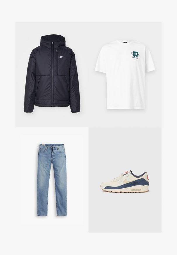 Veste Nike noire rembourrée avec une fermeture éclair sur le devant et une capuche. Elle présente un logo blanc sur la poitrine gauche et deux poches avant. Texture extérieure lisse.; T-shirt en coton blanc avec un graphique teal sur la poitrine, représentant un personnage rectangulaire avec des bras et des jambes, ainsi que le texte de la marque.; Jeans en denim bleu clair à coupe droite. Comprend une fermeture à boutons, cinq poches et une texture légèrement délavée.; Baskets avec un dessus en cuir crème et en suède bleu marine, dotées d'une semelle à air visible, d'une semelle en caoutchouc beige et d'un accent rouge au talon.