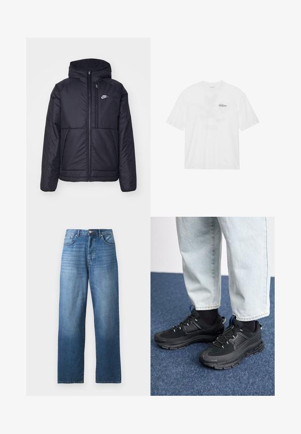 Black, padded Nike jacket with a front zipper and hood. Features a white logo on the left chest and dual front pockets. Smooth exterior texture.; White cotton t-shirt with short sleeves, featuring a front print that reads "Soar into Tranquility" in black and green.; Straight-leg blue denim jeans with five pockets and a button-zipper closure, displayed on a white background.; Black athletic shoes with textured fabric and rubber soles, featuring elastic laces and a blue accent on the heel. Worn with light denim pants.