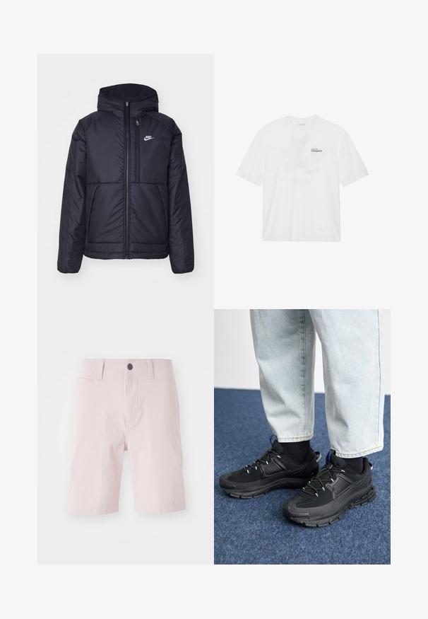 Svart, polstret Nike-jakke med frontglidelås og hette. Har en hvit logo på venstre bryst og doble frontlommer. Glatt ytterside.; Hvit bomull t-skjorte med korte ermer, med et trykk foran som sier "Svev inn i stillhet" i svart og grønt.; Lyserøde shorts laget av bomull, med flat front, beltesløyfer, en enkel knappelukking og side lommer. Glatt tekstur.; Svarte sportssko med teksturert stoff og gummisåler, med elastiske lisser og en blå detalj på hælen. Brukt med lyse denimbukser.
