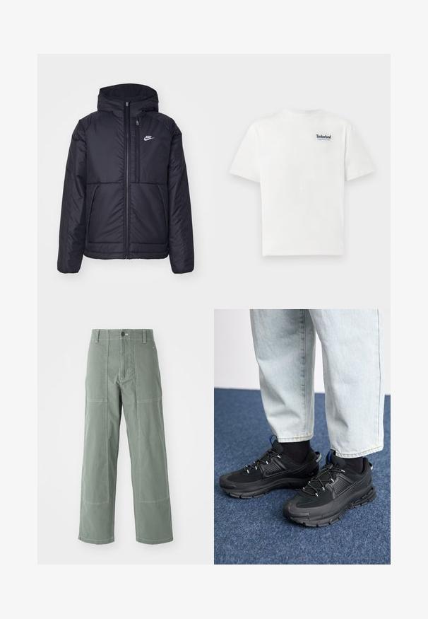 Casaco Nike preto, acolchoado, com fecho à frente e capuz. Apresenta um logo branco no lado esquerdo do peito e dois bolsos frontais. Textura exterior lisa.; T-shirt de algodão branco com um logo bordado em azul "Timberland Rugged Active Gear" no lado superior esquerdo do peito. Mangas curtas e decote redondo.; Calças cargo verdes com um ajuste relaxado, apresentando bolsos com pala, costuras contrastantes, um fecho frontal com botão e um design de perna reta.; Sapatilhas desportivas pretas com tecido texturizado e solas em borracha, apresentando atacadores elásticos e um detalhe azul no calcanhar. Usadas com calças de ganga claras.