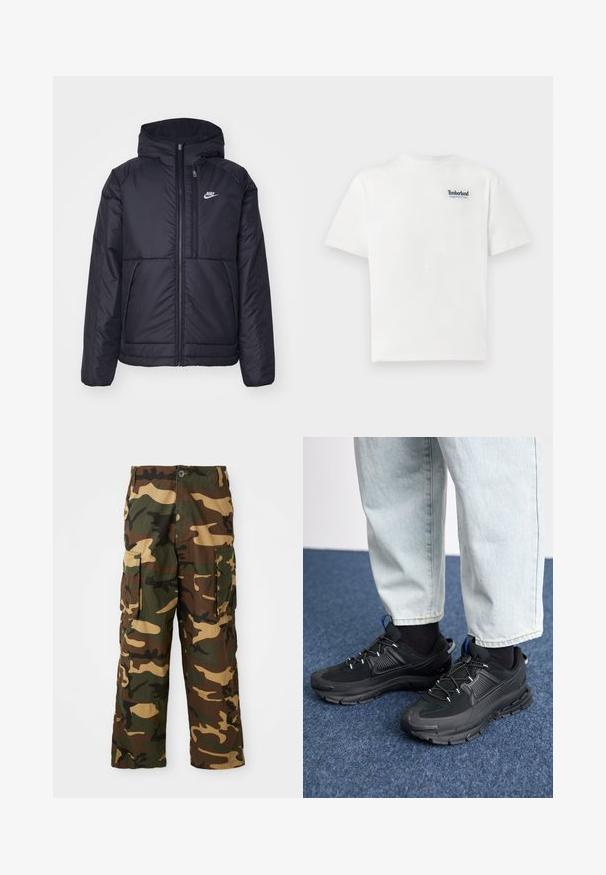 Juodas, paminkštintas Nike džemperis su priekyje užtrauktuku ir gobtuvu. Pasižymi balta logo kairėje krūtinės pusėje ir dviem priekinėmis kišenėmis. Su lygiu išoriniu paviršiumi.; Balta medvilnė marškinėliai su mėlynu siuvinėtu "Timberland Rugged Active Gear" logotipu kairiajame krūtinės viršuje. Trumpi rankovės ir apvalus kaklas.; Žalios, rudos ir nude spalvų kamufliažinės krovinių kelnės. Yra dvi didelės šoninės kišenės ir mygtukų užtrauktukas. Pagamintos iš tekstūruotos medžiagos.; Juodi sportiniai bateliai su tekstūruota medžiaga ir guminiais padais, su elastingomis raišteliais ir mėlynu akcentu ant kulno. Dėvimi su šviesiai mėlynomis džinsinėmis kelnėmis.