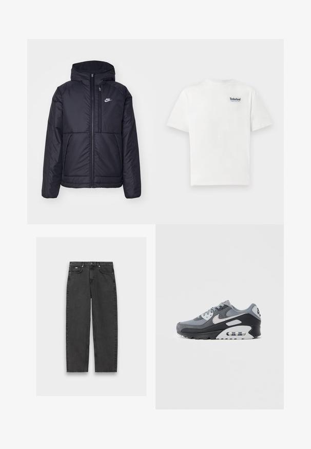 Crna Nike jakna s podstavom, dugmadi sprijeda i kapuljačom. Ima bijeli logotip na lijevoj strani prsnog koša i dva prednja džepa. Glatka vanjska tekstura.; Bijela pamučna majica s plavim izvezenim logotipom "Timberland Rugged Active Gear" na gornjem lijevom dijelu prsnog koša. Kratki rukavi i okrugli izrez.; Crne ravne traperice s pet džepova, zatvaranjem na gumbe i vidljivim šavovima, položene ravno na neutralnoj pozadini.; Sivi tenis s mješavinom mrežastih i brušenih materijala, s crnim potplatom i vidljivom zračnom jedinicom. Primjetni svijetlosivi detalji i vezice.