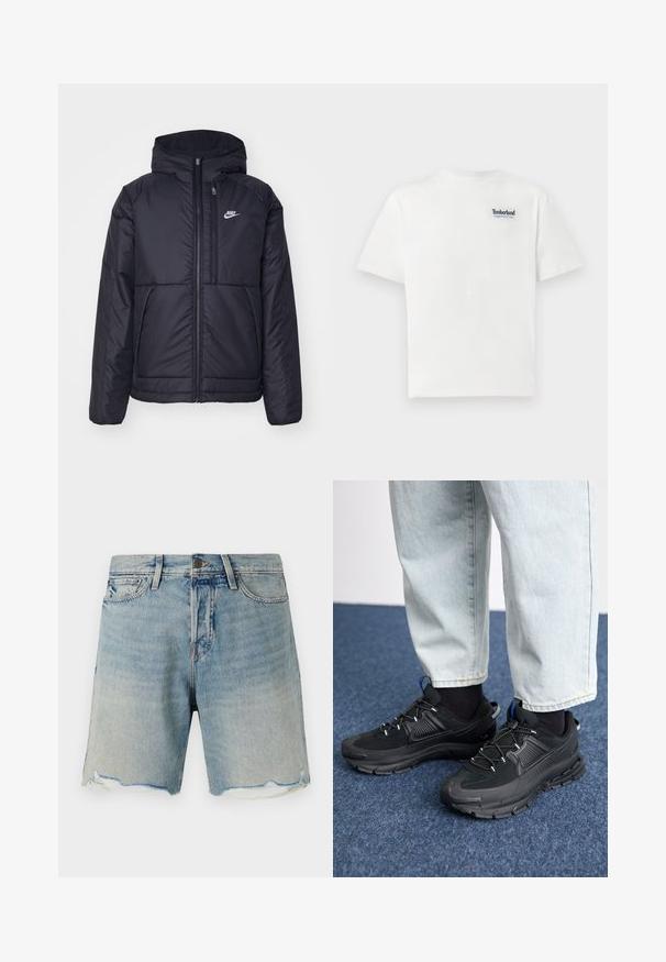 Black, padded Nike jacket with a front zipper and hood. Features a white logo on the left chest and dual front pockets. Smooth exterior texture.; White cotton t-shirt featuring a blue embroidered "Timberland Rugged Active Gear" logo on the upper left chest. Short sleeves and round neck.; Denim shorts in light blue with a faded finish. Features a frayed hem and standard five-pocket design. Metal button closure at the waist.; Black athletic shoes with textured fabric and rubber soles, featuring elastic laces and a blue accent on the heel. Worn with light denim pants.