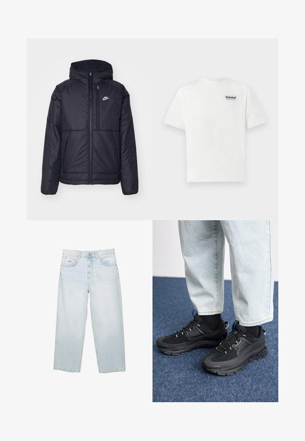 Jachetă Nike neagră, căptușită, cu fermoar pe față și glugă. Prezintă un logo alb pe pieptul stâng și două buzunare frontale. Textură exterioară netedă.; Tricou alb din bumbac, cu un logo albastru brodat "Timberland Rugged Active Gear" pe partea superioară stângă a pieptului. Mâneci scurte și gât rotund.; Jeansi drepti cu talie inalta de culoare albastru deschis, cu nasture în față, buzunare și o etichetă metalică mică cu brand pe buzunarul din față drept.; Pantofi sport negri, cu țesătură texturată și tălpi din cauciuc, având șireturi elastice și un accent albastru pe toc. Purtați cu pantaloni din denim deschis.