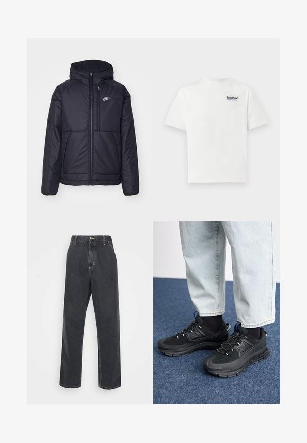 Juodas, paminkštintas Nike džemperis su priekyje užtrauktuku ir gobtuvu. Pasižymi balta logo kairėje krūtinės pusėje ir dviem priekinėmis kišenėmis. Su lygiu išoriniu paviršiumi.; Balta medvilnė marškinėliai su mėlynu siuvinėtu "Timberland Rugged Active Gear" logotipu kairiajame krūtinės viršuje. Trumpi rankovės ir apvalus kaklas.; Carhartt WIP SIMPLE PANT - Laisvo kirpimo džinsai - black heavy stone wash; Juodi sportiniai bateliai su tekstūruota medžiaga ir guminiais padais, su elastingomis raišteliais ir mėlynu akcentu ant kulno. Dėvimi su šviesiai mėlynomis džinsinėmis kelnėmis.