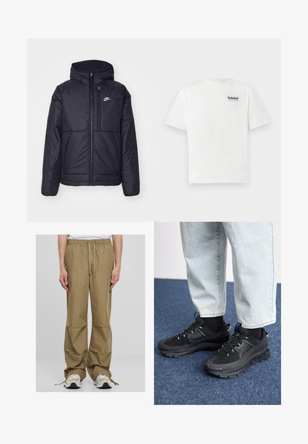 Svart, polstret Nike-jakke med frontglidelås og hette. Har en hvit logo på venstre bryst og doble frontlommer. Glatt ytterside.; Hvit bomull T-skjorte med blå brodert "Timberland Rugged Active Gear"-logo på øvre venstre bryst. Korte ermer og rund hals.; Lyse khaki cargo bukser med elastisk talje, snøre lukking og bred, avslappet passform. Har sidelommer og glatt stofftekstur.; Svarte sportssko med teksturert stoff og gummisåler, med elastiske lisser og en blå detalj på hælen. Brukt med lyse denimbukser.