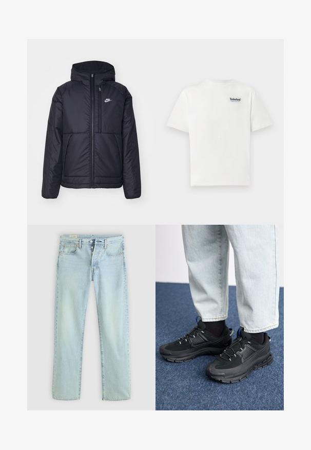 Črna, podložena Nike jakna z sprednjim zadrgo in kapuco. Ima bel logo na levem prsnem delu in dvojna sprednja žepa. Gladka zunanja tekstura.; Bela bombažna majica s kratkimi rokavi, ki na zgornjem levem delu prsi nosi modro vezeno besedilo "Timberland Rugged Active Gear". Okrogla ovratnica.; Svetlo modri traper hlače s ravnim krojem, pet žepov, gumbasto zapiranje in subtilno zelo blago povsem nevidno zbledelo. Imajo šivane detajle in bakrene zakovice.; Črne športne čevlje z teksturirano tkanino in gumijastimi podplati, ki imajo elastične vezalke ter modre poudarke na peti. Nosi se z lahkimi denim hlačami.