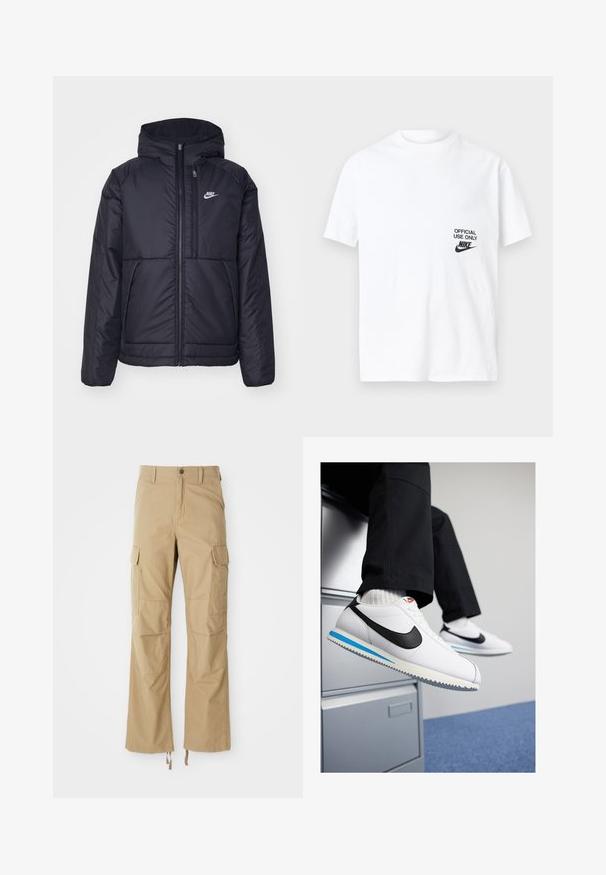 Schwarze, gepolsterte Nike-Jacke mit Frontreißverschluss und Kapuze. Hat ein weißes Logo auf der linken Brust und zwei Fronttaschen. Glattes äußeres Material.; Weißes Baumwoll-T-Shirt mit kurzen Ärmeln, das ein schwarzes Druckdesign trägt, auf dem "NUR FÜR OFFIZIELLE NUTZUNG" zusammen mit dem Nike-Logo auf der linken Seite steht.; Khakifarbene Cargo-Hosen aus strapazierfähigem Material, mit mehreren Seitentaschen, geradem Bein-Design und verstellbaren Kordeln am Saum.; Weisse Ledersneaker mit schwarzem Nike-Swoosh, hellblauem und grauem Gummisohle sowie klassischem Schnürdesign. Füße ruhen auf einem Aktenschrank.