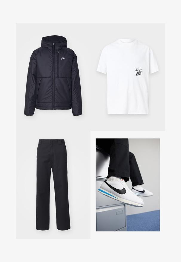 Jachetă Nike neagră, căptușită, cu fermoar pe față și glugă. Prezintă un logo alb pe pieptul stâng și două buzunare frontale. Textură exterioară netedă.; Tricou din bumbac alb cu mâneci scurte, având un design imprimat negru care spune "DOAR PENTRU FOLOS OFICIAL" alături de logo-ul Nike pe partea stângă.; Pantaloni negri cu croi drept, confectionați dintr-un amestec de bumbac. Prezintă un talie plată cu bucle pentru curea și fără elemente hardware sau embellismente vizibile.; Adidași din piele albă cu logo-ul Nike de culoare neagră, talpă din cauciuc bleu deschis și gri, și un design clasic cu șireturi. Picioare odihnindu-se pe un birou de dosare.