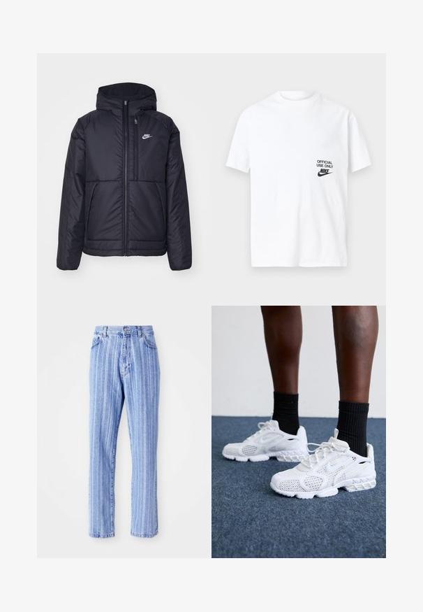 Črna, podložena Nike jakna z sprednjim zadrgo in kapuco. Ima bel logo na levem prsnem delu in dvojna sprednja žepa. Gladka zunanja tekstura.; Bela bomba iz bombaža s kratkimi rokavi, ki ima črn natisnjen dizajn z napisom "SAMO URADNA UPORABA" ob Nike logotipu na levi strani.; Svetloblue denim hlače z vertikalnimi belimi črtami, ravno krojene, pet žepov ter zapiranje na gumb v pasu.; Bela športna obutev z mrežasto zgornjim delom, teksturiranimi detajli in oblazinjenim podplatom. V kombinaciji s črnimi rebrastimi gležnjarji na modri preprogi.