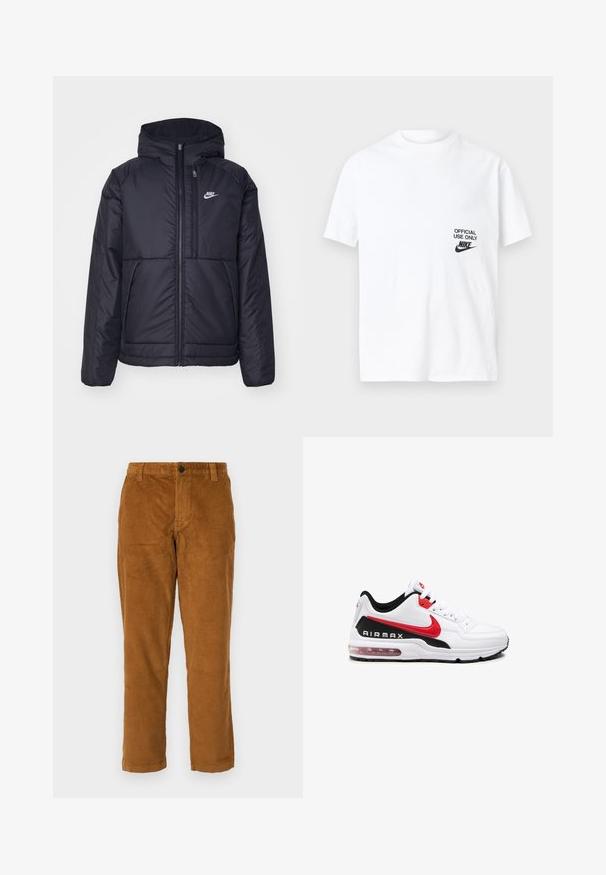Czarna, pikowana kurtka Nike z przednim zamkiem błyskawicznym i kapturem. Posiada białe logo po lewej stronie klatki piersiowej oraz podwójne kieszenie z przodu. Gładka struktura zewnętrzna.; Biała bawełniana koszulka z krótkim rękawem, z czarnym nadrukiem, na którym znajduje się napis "TYLKO DO UŻYTKU OFICJALNEGO" obok logo Nike po lewej stronie.; Brązowe spodnie z kordurowej tkaniny o teksturowanej powierzchni, proste nogawki oraz pas z pojedynczym zapięciem na guzik.; Białe buty sportowe z czarnymi i czerwonymi akcentami, z gładką skórzaną cholewką, sznurowanym przodem i widoczną poduszką powietrzną w podeszwie.
