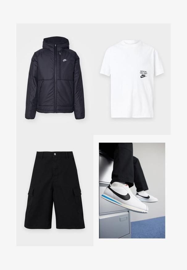 Melna, pufota Nike jaka ar priekšējo rāvējslēdzēju un kapuci. Iezīmēta ar baltu logotipu uz kreisās krūtis un divām priekšējām kabatām. Gluda ārējā tekstūra.; Biala kokvilnas T-krekls ar īsām piedurknēm, kuram ir melns drukāts dizains ar uzrakstu "OFICIĀLAI IZMANTOŠANAI TIKAI" blakus Nike logo kreisajā pusē.; Melnas cargo šorts, izgatavoti no izturīga auduma. Iekļauta divu sānu kabatu, rāvējslēdzēja aizdare un vienkārša josta ar metāla pogu.; Baltas ādas sporta apavi ar melnu Nike zīmi, gaiši zilu un pelēku gumijas zoli un klasisku auklu dizainu. Kājām atpūšoties uz dokumentu skapja.