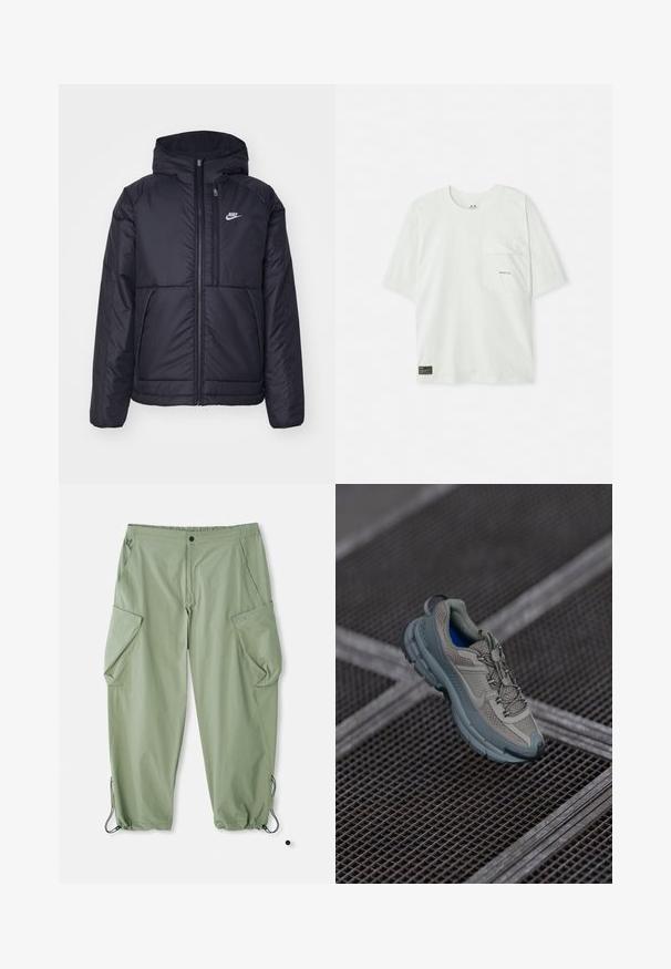 Giacca Nike nera, imbottita, con zip frontale e cappuccio. Presenta un logo bianco sul lato sinistro del petto e doppie tasche frontali. Texture esterna liscia.; T-shirt a maniche corte, di colore verde chiaro, realizzato in cotone. Caratterizzato da una tasca sul petto e un piccolo logo vicino alla tasca. Texture morbida, design informale.; Pantaloni cargo verde chiaro con vita elastica, multiple tasche laterali e lacci alle caviglie. Realizzati in un tessuto resistente e texturizzato.; Scarpe sportive beige e grigie con tomaia in mesh testurizzato, punta arrotondata e suola in gomma, dotate di lacci e colletto imbottito.