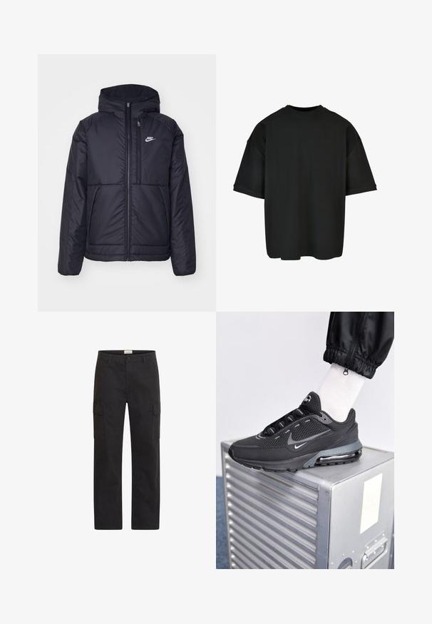 Zwarte, gewatteerde Nike-jas met een voorkant met ritssluiting en capuchon. Kenmerkt zich door een wit logo op de linkerborst en dubbele frontzakken. Gladde buitenkant.; Zwarte oversized t-shirt van ribstof. Ronde hals, korte mouwen en een relaxte pasvorm met een rechte zoom. Eenvoudig en veelzijdig ontwerp.; Zwarte cargo-broeken van stevig materiaal met een vlakke voorkant, twee zijzakken en een rechte pijp. Voorzien van een knoopsluiting bij de taille.; Nike Sportswear PULSE - Sneakers laag - black/anthracite