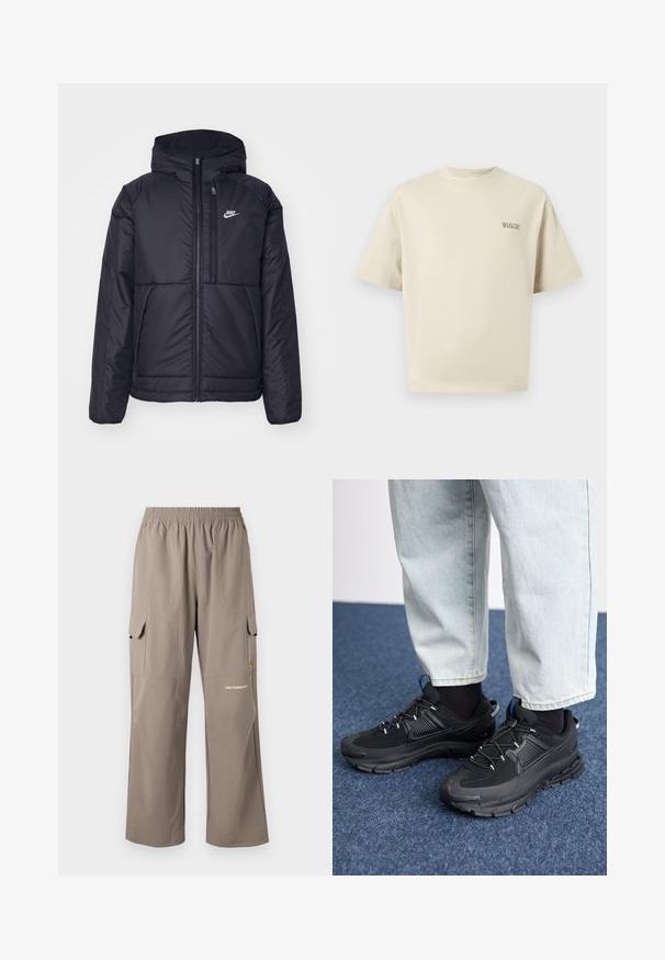 Casaco Nike preto, acolchoado, com fecho à frente e capuz. Apresenta um logo branco no lado esquerdo do peito e dois bolsos frontais. Textura exterior lisa.; T-shirt de algodão bege com mangas curtas, decote redondo e um pequeno logótipo "SELECTED" no peito esquerdo. Textura suave.; Calças cargo feitas de um tecido leve, na cor taupe, com um cós elástico, bolsos laterais e um logótipo discreto.; Sapatilhas desportivas pretas com tecido texturizado e solas em borracha, apresentando atacadores elásticos e um detalhe azul no calcanhar. Usadas com calças de ganga claras.