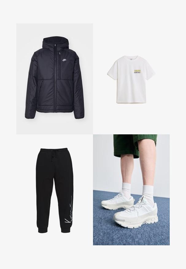 Sort, polstret Nike-jakke med frontlynlås og hætte. Har et hvidt logo på venstre bryst og to frontlommer. Glat ydre tekstur.; Hvid bomulds T-shirt med korte ærmer, der har et gult og sort "VANS"-logo og "custom classic" tekst på venstre brystområde.; Sorte svedbukser lavet af bomuld, med elastisk talje og snor, tilspidsede ben og et hvidt logo-design på venstre side.; Hvide atletiske sko med teksturerede overlays, en chunky sål og grå accenter. Båret med hvide ankelstrømper og grønne shorts på en blå overflade.
