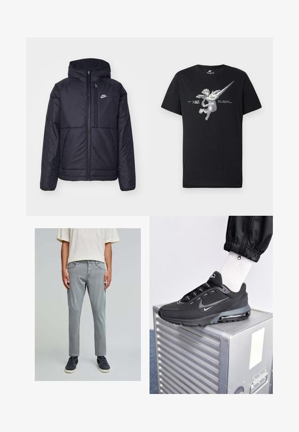 Schwarze, gepolsterte Nike-Jacke mit Frontreißverschluss und Kapuze. Hat ein weißes Logo auf der linken Brust und zwei Fronttaschen. Glattes äußeres Material.; Schwarzes Nike T-Shirt mit einem Graustufen-Motiv eines geflügelten Engels, einem verlängerten Nike-Swoosh und dem Text "nike sportswear on the wings of victory".; Graue Denim-Hose im Slim Fit mit Fronttaschen, Knopfverschluss und glatter Struktur. Kombiniert mit dunklen Sneakers.; Nike Sportswear PULSE - Sneaker low - black/anthracite