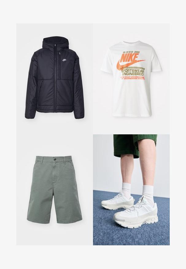 Čierna, polstrovaná bunda Nike so zipsom vpredu a kapucňou. Na ľavej strane hrude sa nachádza biele logo a sú tu dva predné vrecká. Hladký vonkajší povrch.; Biela bavlnená tričko s veľkým oranžovým logom "NIKE" a zeleným textom, ktorý znie "SPORTSWEAR ENGINEERED" a ďalšími špecifikáciami.; Svetlozelené bavlnené šortky s uzáverom na gombík, pútkami na opasok a bočnými vreckami. Majú rovný strih a ľahkú textúru.; Biele športové topánky s textúrovanými prešívaniami, robustnou podrážkou a sivými akcentami. Nosené s bielymi ponožkami po členky a zelenými šortkami na modrom povrchu.