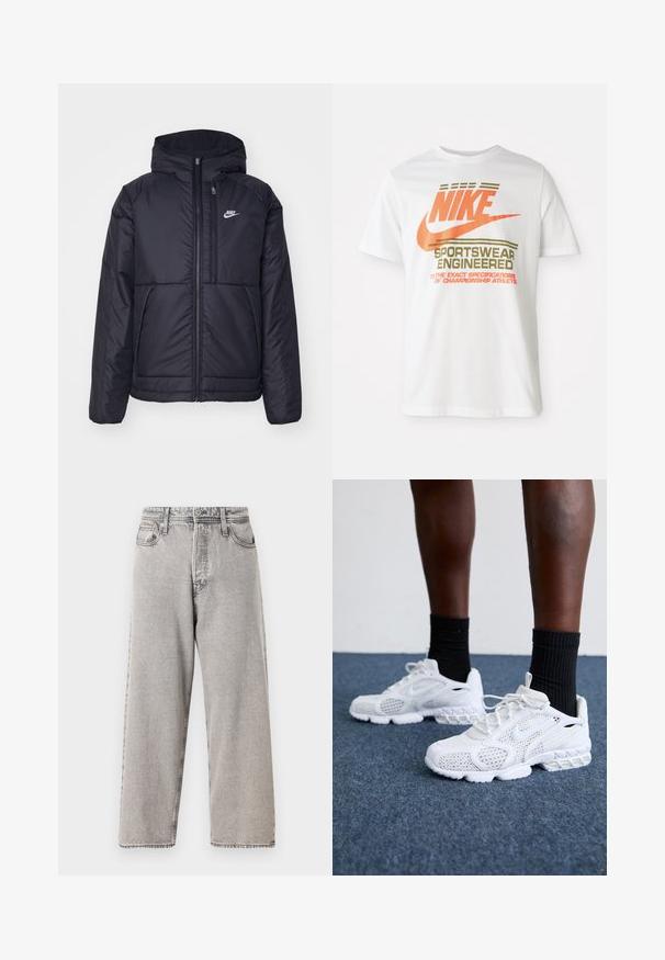 Chaqueta acolchada negra de Nike con cremallera frontal y capucha. Presenta un logo blanco en el lado izquierdo del pecho y dos bolsillos frontales. Textura exterior suave.; Camiseta de algodón blanca con un gran logo naranja de "NIKE" y texto verde que dice "SPORTSWEAR ENGINEERED" junto con especificaciones adicionales.; Pantalones vaqueros de corte amplio en denim gris con un lavado desvanecido, cinco bolsillos, trabillas para cinturón y costuras en contraste. Textura suave y corte recto.; Zapatillas deportivas blancas con parte superior de malla, acentos texturizados y suela acolchada. Combinadas con calcetines cortos de canalé negros sobre una superficie de moqueta azul.