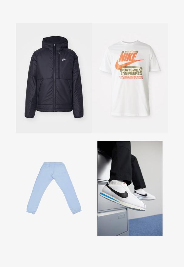 Schwarze, gepolsterte Nike-Jacke mit Frontreißverschluss und Kapuze. Hat ein weißes Logo auf der linken Brust und zwei Fronttaschen. Glattes äußeres Material.; Weißes Baumwoll-T-Shirt mit einem großen orangen "NIKE"-Logo und grünen Text, der "SPORTSWEAR ENGINEERED" sowie weitere Spezifikationen anzeigt.; Helle blaue Jogginghose aus einem weichen Material, mit einem elastischen Bund, tapered Beinen und einem dezenten Logodetail an der Seite.; Weisse Ledersneaker mit schwarzem Nike-Swoosh, hellblauem und grauem Gummisohle sowie klassischem Schnürdesign. Füße ruhen auf einem Aktenschrank.