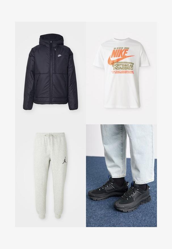 Black, padded Nike jacket with a front zipper and hood. Features a white logo on the left chest and dual front pockets. Smooth exterior texture.; White cotton t-shirt featuring a large orange "NIKE" logo and green text that reads "SPORTSWEAR ENGINEERED" and additional specifications.; Gray sweatpants with elastic waistband and drawstring, featuring a black Jumpman logo on the left leg, made from soft, textured fabric.; Black athletic shoes with textured fabric and rubber soles, featuring elastic laces and a blue accent on the heel. Worn with light denim pants.