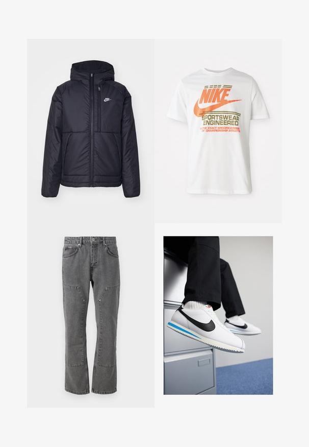 Jachetă Nike neagră, căptușită, cu fermoar pe față și glugă. Prezintă un logo alb pe pieptul stâng și două buzunare frontale. Textură exterioară netedă.; Tricou alb din bumbac cu un mare logo portocaliu "NIKE" și text verde care spune "SPORTSWEAR ENGINEERED" și specificații suplimentare.; Jeans din denim gri cu un design drept, prezentând buzunare frontale, detalii cu capse pe picioare și o textură curată, fără uzură.; Adidași din piele albă cu logo-ul Nike de culoare neagră, talpă din cauciuc bleu deschis și gri, și un design clasic cu șireturi. Picioare odihnindu-se pe un birou de dosare.