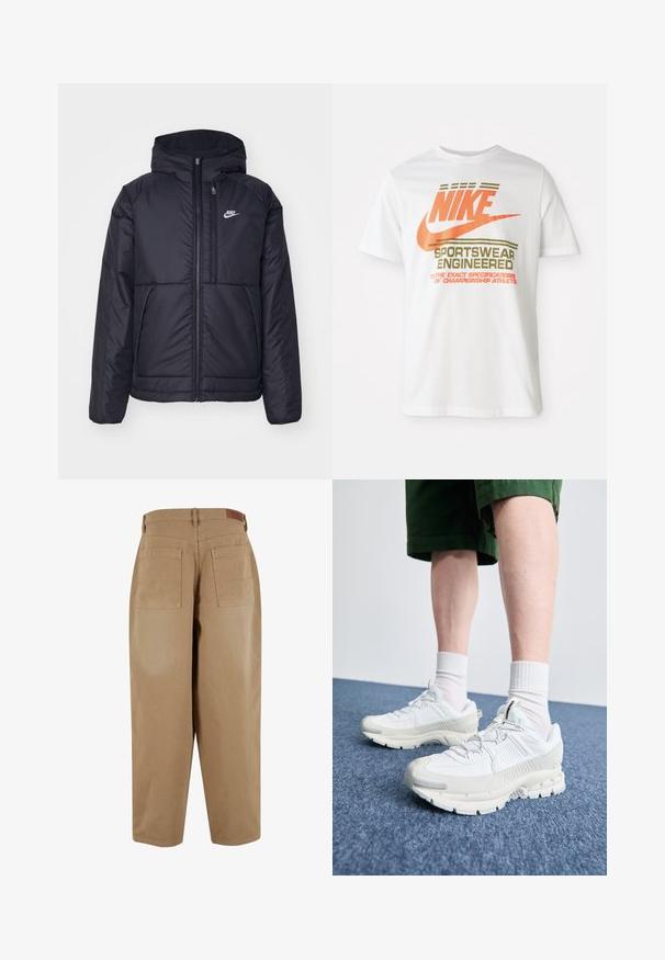 Chaqueta acolchada negra de Nike con cremallera frontal y capucha. Presenta un logo blanco en el lado izquierdo del pecho y dos bolsillos frontales. Textura exterior suave.; Camiseta de algodón blanca con un gran logo naranja de "NIKE" y texto verde que dice "SPORTSWEAR ENGINEERED" junto con especificaciones adicionales.; Pantalones de algodón beige con un corte holgado, que presentan dos bolsillos traseros y una etiqueta en la cintura. La tela tiene una textura suave y un detalle mínimo.; Zapatillas deportivas blancas con superposiciones texturizadas, una suela gruesa y acentos grises. Llevadas con calcetines blancos hasta la pantorrilla y pantalones cortos verdes sobre una superficie azul.