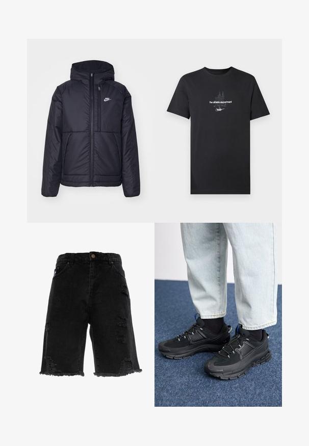 Must musta Nike jope, millel on ees lukuga avamine ja kapuuts. Vasakpoolne rind on kaunistatud valge logoga ning ees on kaks taskut. Sile välimine tekstuur.; Mustast puuvillast T-särk, millel on valge graafiline disain ja tekstid, sealhulgas "the athletic department" ja "nike", ning lühikesed varrukad.; Mustmustest lühikesed püksid, fraktest servaga, millel on kulumise jäljed ja sirge lõige. Sisaldab traditsioonilisi eespool asuvaid taskuid ja metallist nööpi.; Mustad mustad jooksukingad, millel on tekstureeritud kangas ja kummist tallad, elastsed nöörid ning sinine aksent kandadel. Kandmine heledate teksadega.