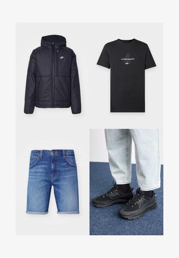Melna, pufota Nike jaka ar priekšējo rāvējslēdzēju un kapuci. Iezīmēta ar baltu logotipu uz kreisās krūtis un divām priekšējām kabatām. Gluda ārējā tekstūra.; Melnas kokvilnas T-krekls ar baltu grafisko dizainu un tekstu, tostarp "the athletic department" un "nike", ar īsām piedurknēm.; Gaiši zili džinsus šorti ar izbalinātu apdari, ar ruļļveida maliņām, piecām kabatām un ar zīmola metāla pogu jostasvietā.; Melni sporta apavi ar strukturētu audumu un gumijas zoli, ar elastīgām auklām un zilu akcentu uz papēža. Nēsāti ar gaišām džinsu biksēm.