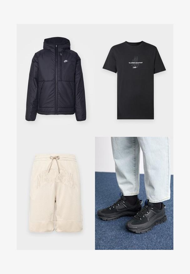 Casaco Nike preto, acolchoado, com fecho à frente e capuz. Apresenta um logo branco no lado esquerdo do peito e dois bolsos frontais. Textura exterior lisa.; T-shirt de algodão preto com design gráfico branco e texto, incluindo "the athletic department" e "nike", e mangas curtas.; Bermudas em malha beje com uma superfície texturizada, apresentando uma cintura com cordão e o logótipo "NEWERA" bordado em destaque na frente.; Sapatilhas desportivas pretas com tecido texturizado e solas em borracha, apresentando atacadores elásticos e um detalhe azul no calcanhar. Usadas com calças de ganga claras.