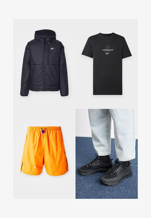 Giacca Nike nera, imbottita, con zip frontale e cappuccio. Presenta un logo bianco sul lato sinistro del petto e doppie tasche frontali. Texture esterna liscia.; Maglietta nera in cotone con grafica bianca e testo, inclusi "the athletic department" e "nike", con maniche corte.; Pantaloni corti sportivi arancioni con vita elastica, cordoncino regolabile e tasche laterali con zip. Realizzati in tessuto leggero e liscio.; Scarpe sportive nere con tessuto testurizzato e suole in gomma, dotate di lacci elastici e un accento blu sul tallone. Indossate con pantaloni in denim chiaro.