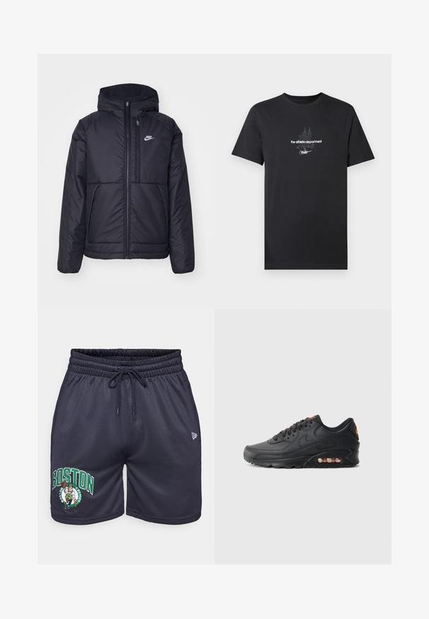 Svart, polstret Nike-jakke med frontglidelås og hette. Har en hvit logo på venstre bryst og doble frontlommer. Glatt ytterside.; Svart bomulls-T-skjorte med hvitt grafisk design og tekst, inkludert "the athletic department" og "nike", samt korte ermer.; Marine mesh sportshorts med elastisk midjebånd og snor. Har "BOSTON" og Celtics-logo brodert i grønt og hvitt.; Nike Air Max 90-sneakers med en svart syntetisk overdel, teksturert finish, snøring foran, synlig luftpute og oransje aksentlogo.