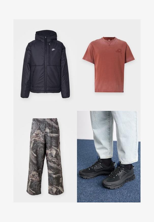 Black, padded Nike jacket with a front zipper and hood. Features a white logo on the left chest and dual front pockets. Smooth exterior texture.; Short-sleeve crew neck t-shirt in faded rust color, made of soft cotton with a subtle logo print on the chest and visible stitching details.; Camo-patterned wide-leg pants with a muted gray and brown color scheme, elastic waistband, and relaxed fit to enhance comfort and mobility.; Black athletic shoes with textured fabric and rubber soles, featuring elastic laces and a blue accent on the heel. Worn with light denim pants.