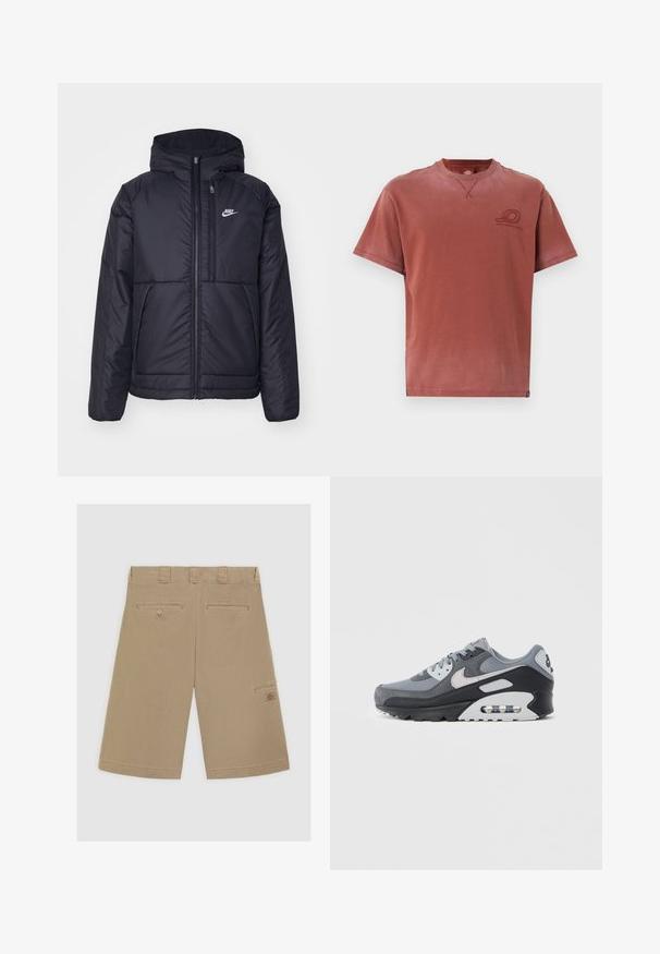 Črna, podložena Nike jakna z sprednjim zadrgo in kapuco. Ima bel logo na levem prsnem delu in dvojna sprednja žepa. Gladka zunanja tekstura.; Kratka majica s kratkimi rokavi in okroglim izrezom v zbledeli rjavi barvi, izdelana iz mehke bombažne tkanine, z diskretnim logotipom na prsih in vidnimi šivi.; Svetlo rjave kratke hlače s ravnim prednjim delom, dvema zadnjima žepoma in stranskim cargo žepom. Narejene iz gladkega bombažnega materiala.; Siva superga z mešanico mrežaste in antilop materiala, s črnim podplatom in vidno zračno enoto. Izstopajo svetlo sive poudarki in vezalke.