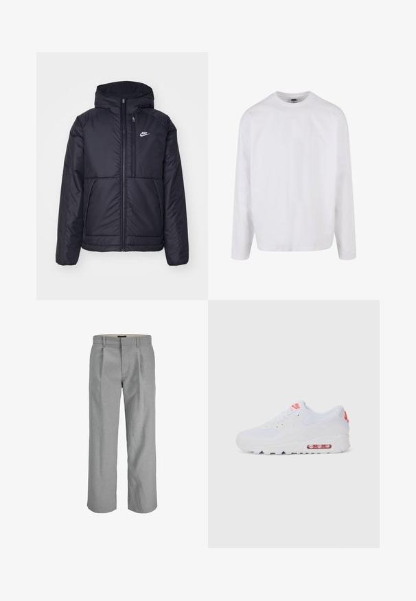 Czarna, pikowana kurtka Nike z przednim zamkiem błyskawicznym i kapturem. Posiada białe logo po lewej stronie klatki piersiowej oraz podwójne kieszenie z przodu. Gładka struktura zewnętrzna.; Biała bawełniana koszulka z długim rękawem, okrągłym dekoltem, luźnym krojem i bez widocznych wzorów lub akcentów. Gładka tekstura.; Jasnoszare spodnie o teksturowanej tkaninie, z plisami z przodu, prostymi nogawkami i standardowym paskiem w talii.; Białe sportowe sneakersy z gładką cholewką, sznurowaniem, wyściełaną podeszwą i widoczną jednostką powietrzną z czerwonymi akcentami na oznaczeniach.