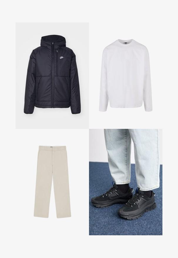 Sort, polstret Nike-jakke med frontlynlås og hætte. Har et hvidt logo på venstre bryst og to frontlommer. Glat ydre tekstur.; Langærmet hvid bomulds T-shirt med rund hals, afslappet pasform og ingen synlige mønstre eller accenter. Glat tekstur.; Beige brede bukser med en glat tekstur, der har bæltestropper, to frontlommer og en lynlåslukning. Minimalistisk design.; Sorte træningssko med tekstureret stof og gummisåler, udstyret med elastiske snørebånd og en blå detalje på hælen. Bæres med lyse denimbukser.
