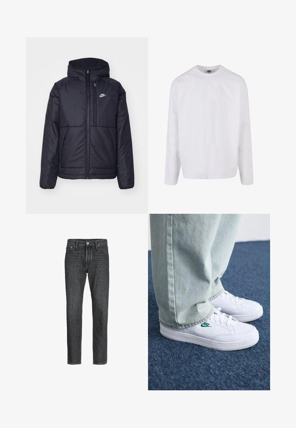 Fekete, párnázott Nike dzseki elülső cipzárral és kapucnival. A bal mellen fehér logó található, valamint két elülső zseb. Simának tűnő külső felület.; Hosszú ujjú fehér pamut póló kerek nyakkivágással, laza szabással, látható minták vagy díszítések nélkül. Sima textúra.; Fekete farmernadrág egyenes szabással, öt zsebbel, elülső gombos és cipzáros záródással, valamint diszkrét varrási részletekkel.; Fehér bőr sportcipők zöld Nike logóval, kerek orral, lapos talppal, világoskék farmernadrággal párosítva, kék szőnyegen bemutatva.