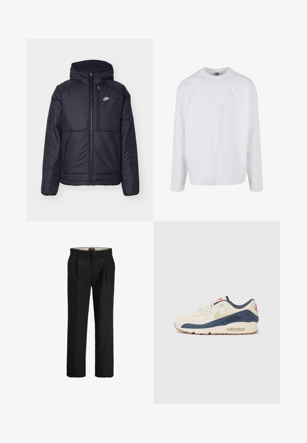 Must musta Nike jope, millel on ees lukuga avamine ja kapuuts. Vasakpoolne rind on kaunistatud valge logoga ning ees on kaks taskut. Sile välimine tekstuur.; Pika-sleeve valge puuvillane T-särk ümmarguse kaelusega, lõdva lõikega ja ilma nähtavate mustrite või akendita. Sile tekstuur.; Mustvalged mustad püksid, millel on lame esiosa, kaks küljetaskut, sile tekstuur ja sirge jalgade lõige. Omab vöörihmu, et lisada stiili.; Kreem nahk ja tumesinise nubukiga ülaosa, millel on nähtav õhksool, beež kummist välistald ja punane aktsent kanna peal.