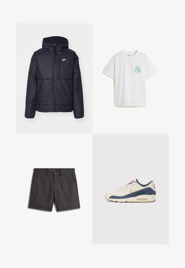 Giacca Nike nera, imbottita, con zip frontale e cappuccio. Presenta un logo bianco sul lato sinistro del petto e doppie tasche frontali. Texture esterna liscia.; T-shirt bianca in cotone con stampa grafica verde. Maniche corte, collo rotondo, con un design "HELP" e testo distintivo sottostante.; Pantaloni corti grigi in cotone morbido, con due tasche frontali, chiusura con bottone e design frontale piatto. Nessun motivo o accento visibile.; Sneaker con una tomaia in pelle crema e suede blu navy, dotate di una soletta ad aria visibile, suola in gomma beige e accento rosso sul tallone.